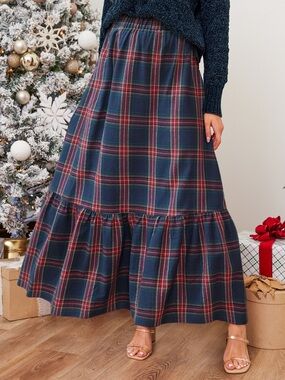 Navy/Red Plaid Maxi Skirt